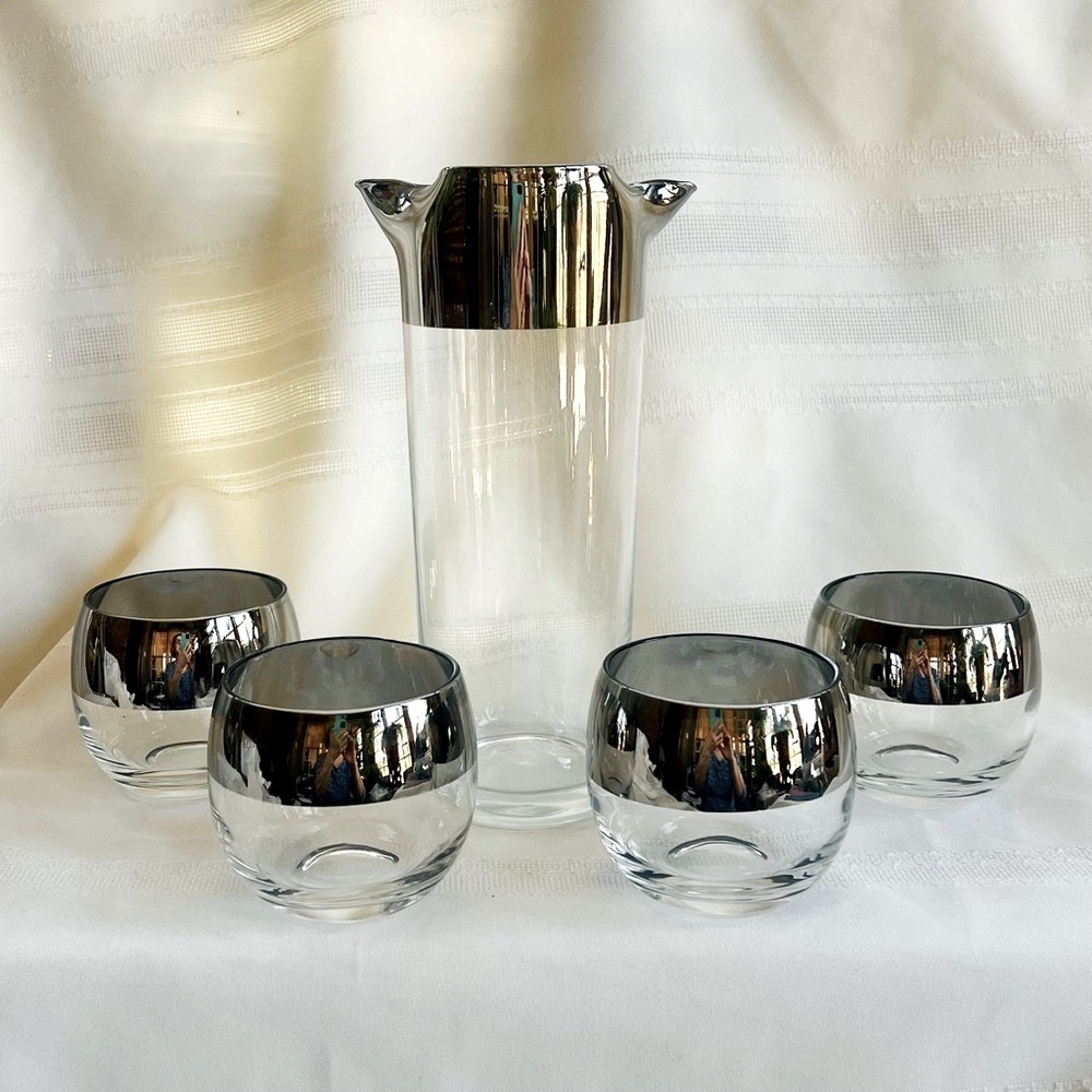 Cocktail Set Dorothy Thorpe Silver‎ Overlay Pitcher Roly Poly Glasses 1947-1963